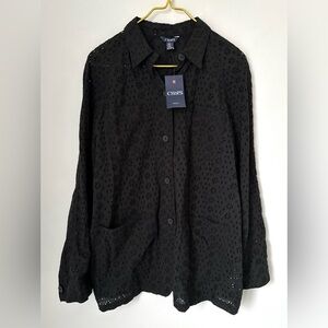 NWT Chaps Black Palm Point Floral Cut Out Button Up Cotton Shirt Women’s Large